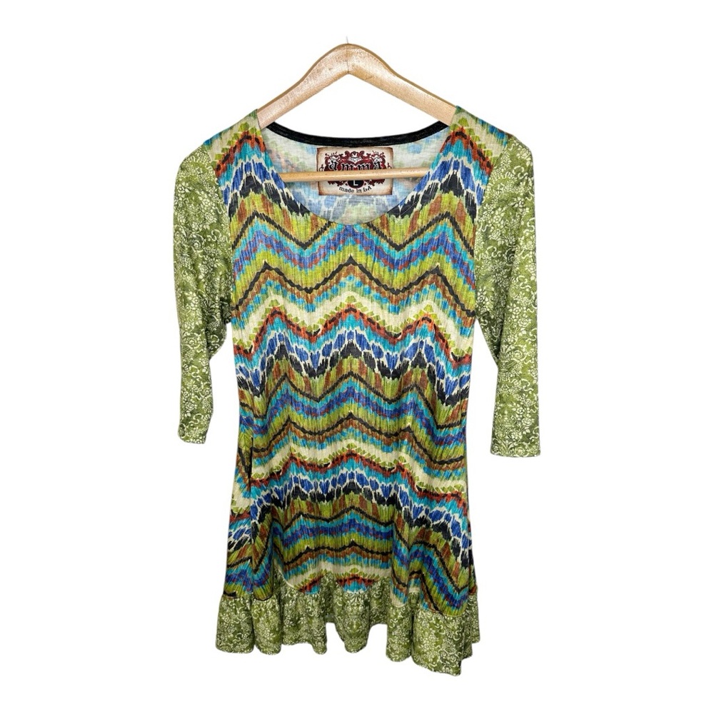 Amma Design Art to Wear Tunic Dress Size Large Green Floral Abstract Ruffled Hem